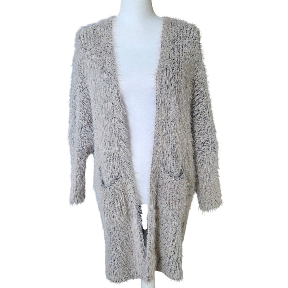 Tea & Cup LA Gray Fuzzy Shaggy Knit Cardigan Taupe Open Front Sweater Cozy Small